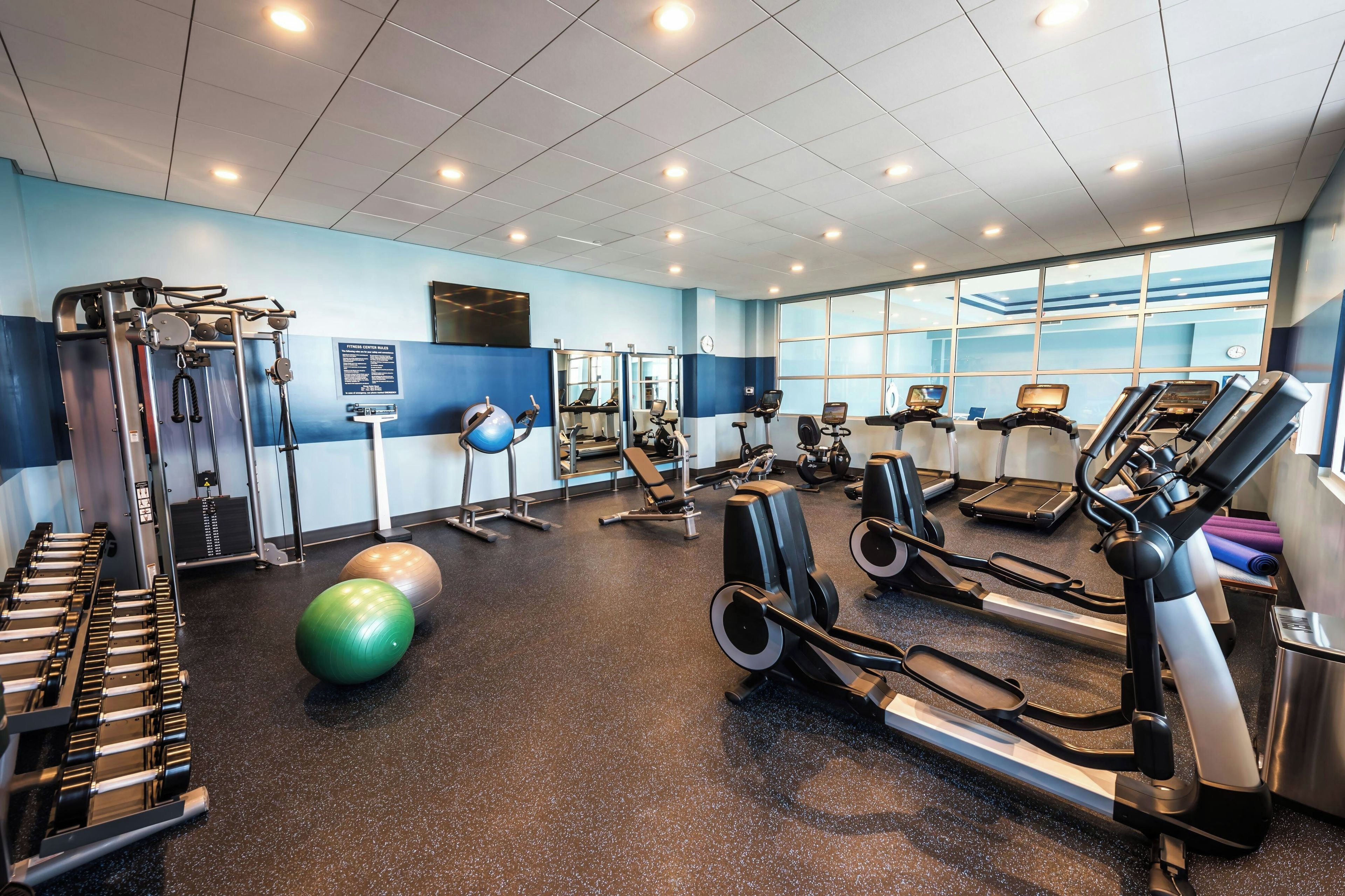 A gym with treadmills, elliptical machines, free weights, and exercise balls.