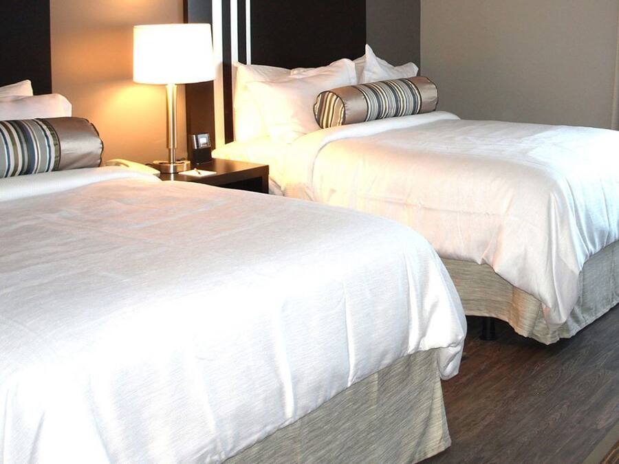 Two adjacent beds with white linens, a bedside table with a lamp, and a dark headboard.