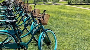 A row of teal bicycles with baskets parked on a well-manicured lawn, with a large stone building in the background. - Stone House Inn (Little Compton)