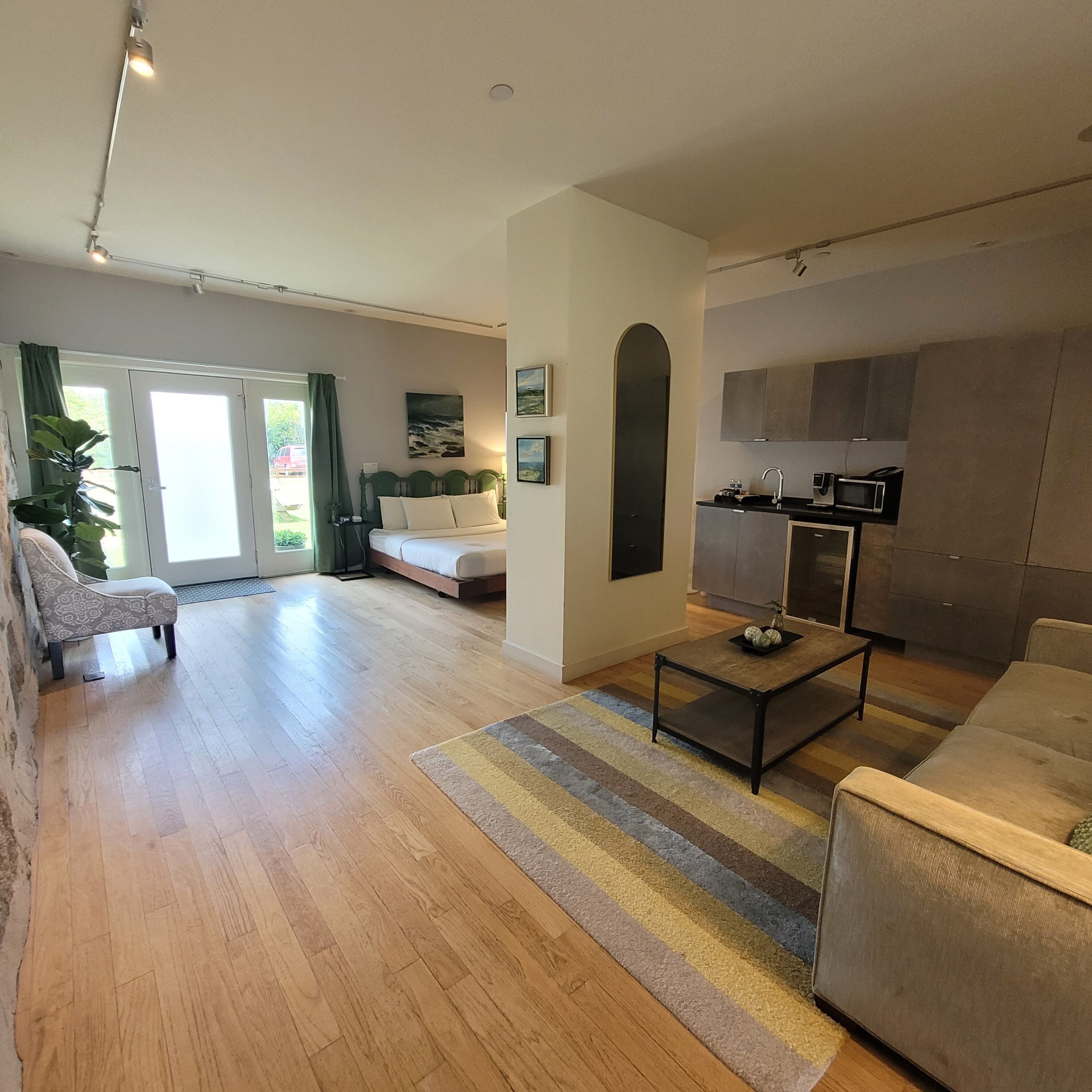 studio suite, 1 king bed | living area | tv, books