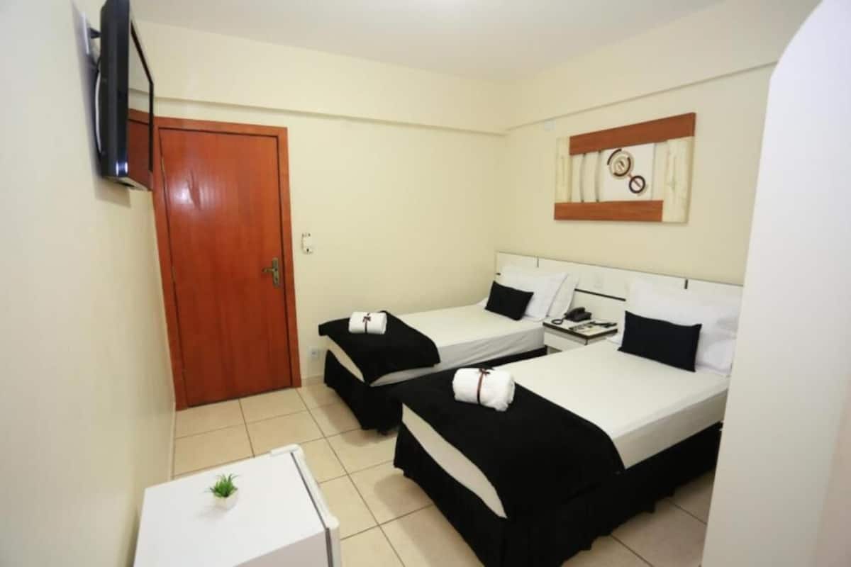 A hotel room with two beds, a TV, a small table with a plant, and a wooden door.