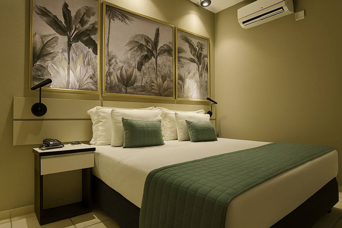 A hotel room with a bed, a nightstand, a desk, and a wall-mounted air conditioner.