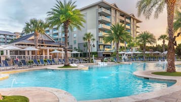 Outdoor pool, pool umbrellas, pool loungers