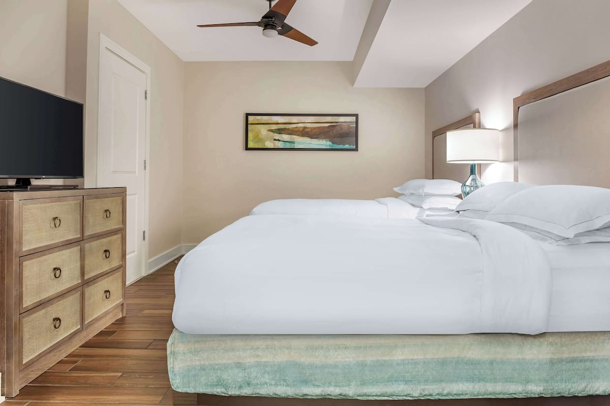 Habitación de hotel con cama, televisor, ventilador de techo, un cuadro en la pared y un aparador de madera.