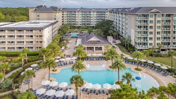 Outdoor pool, pool umbrellas, pool loungers