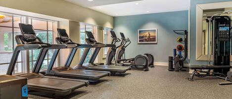 A gym with treadmills, a weight bench, and exercise balls.
