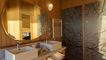 A modern bathroom with two sinks, a large mirror, and a glass shower enclosure.