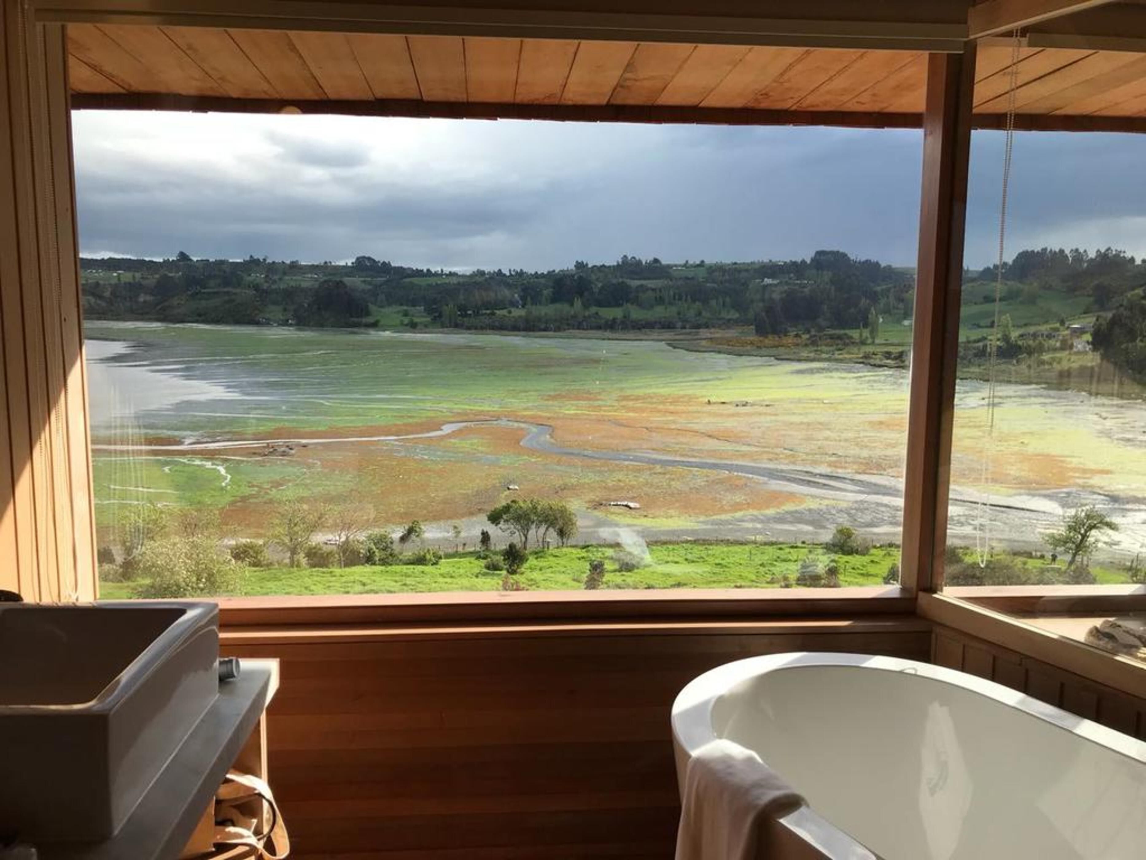 A bathroom with a bathtub and a large window overlooking a landscape.