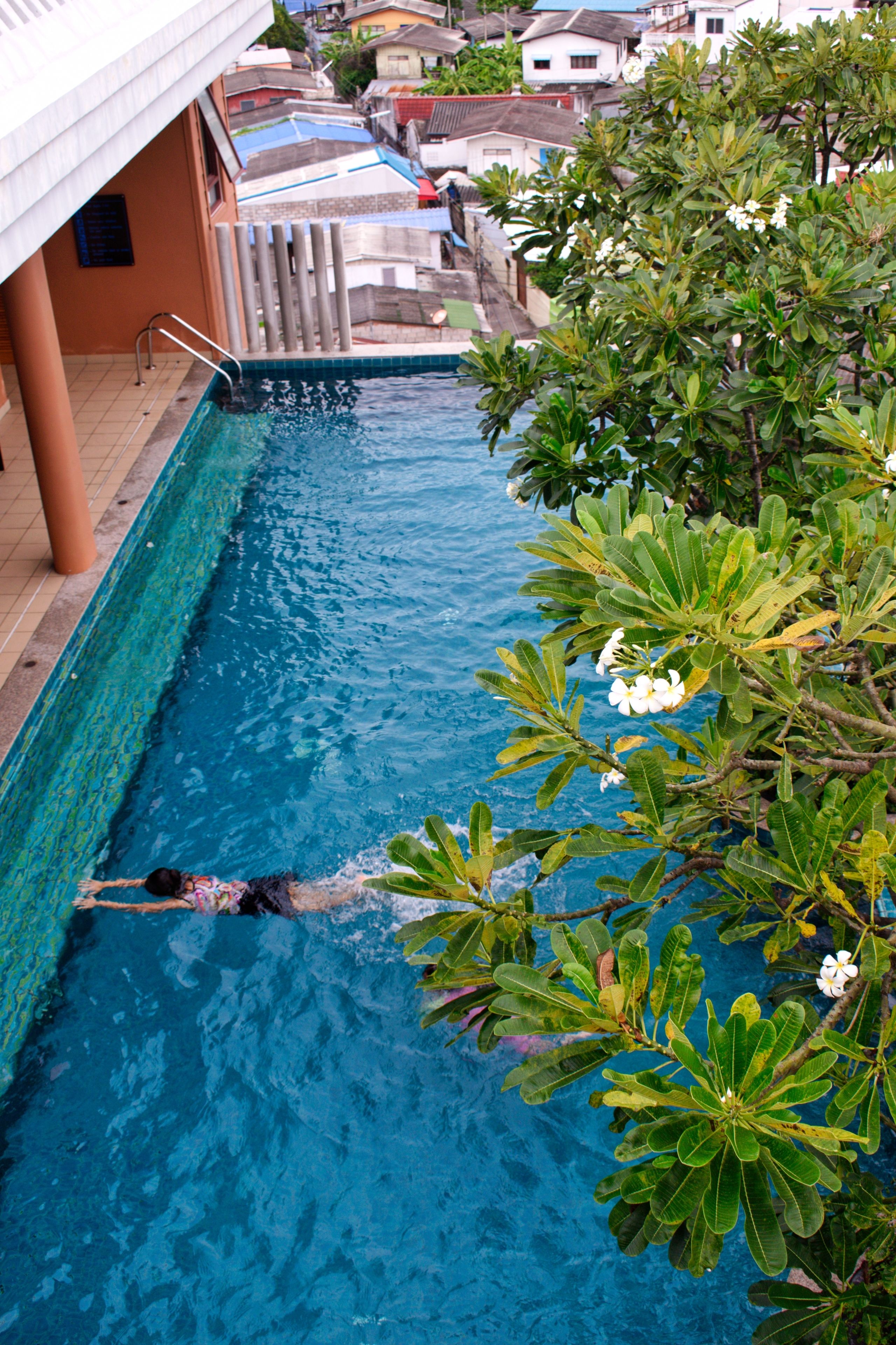 A swimming pool with a person swimming, surrounded by greenery and buildings in the background.