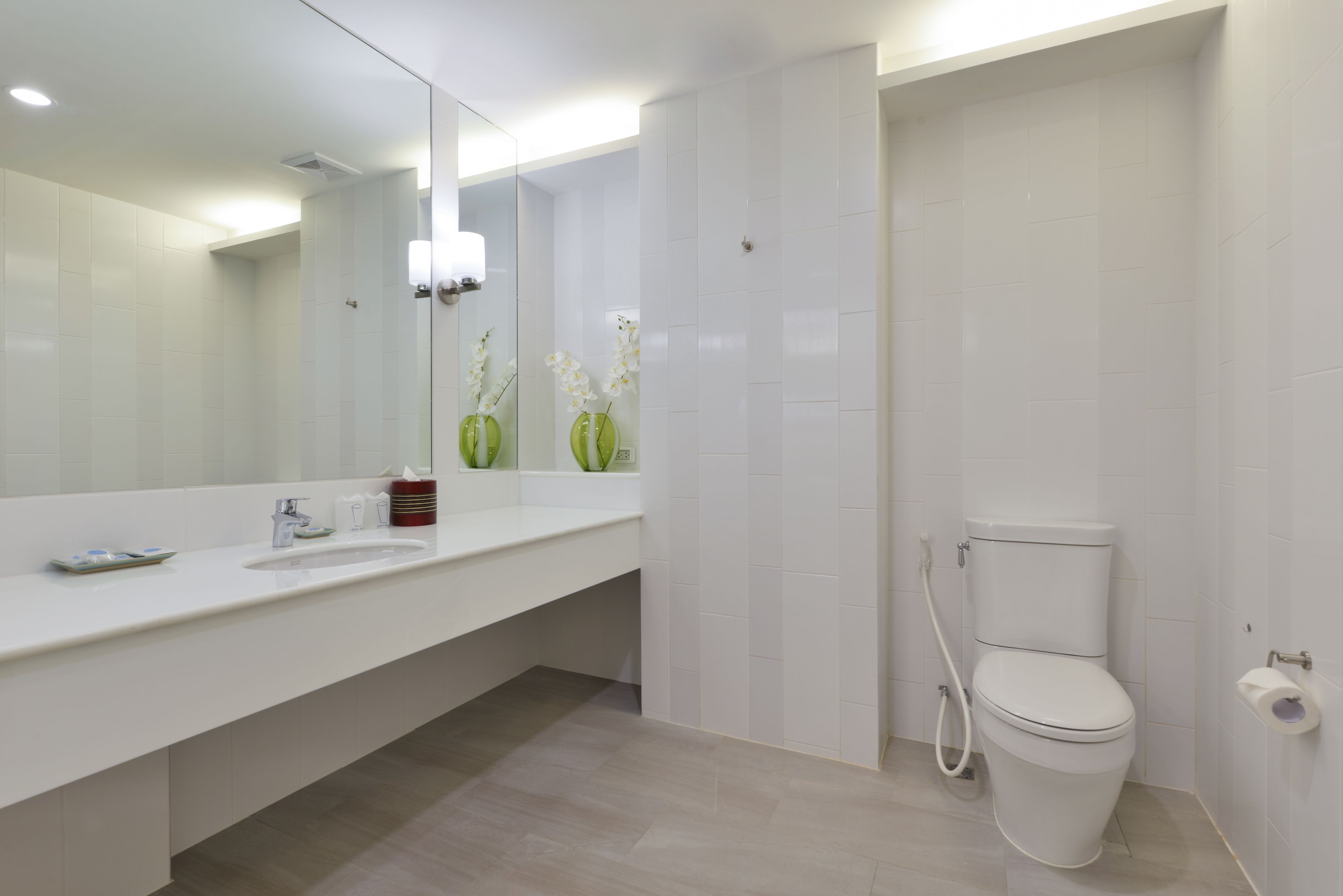 Une salle de bain moderne avec un lavabo blanc, un miroir et des toilettes.