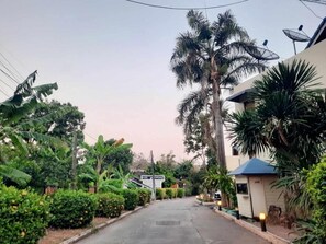 A residential street with houses, a palm tree, and satellite dishes. - Siam Boutique (Buriram)