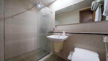 Hair dryer, slippers, bidet, towels