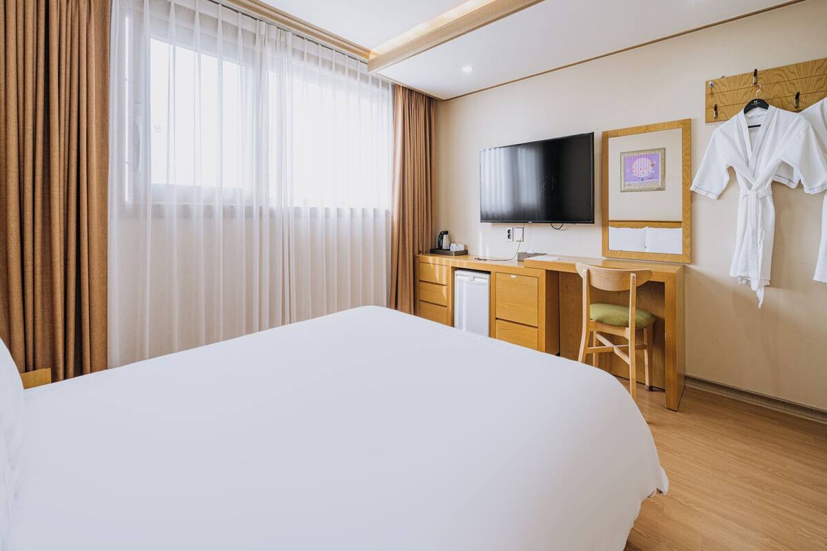 Una habitación de hotel con cama, escritorio con televisor, silla y perchero para bata.