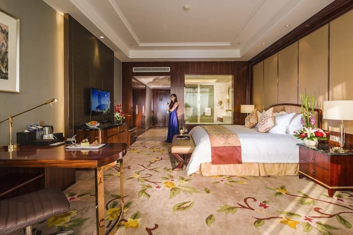 A hotel room with a bed, desk, chair, TV, and a large window.