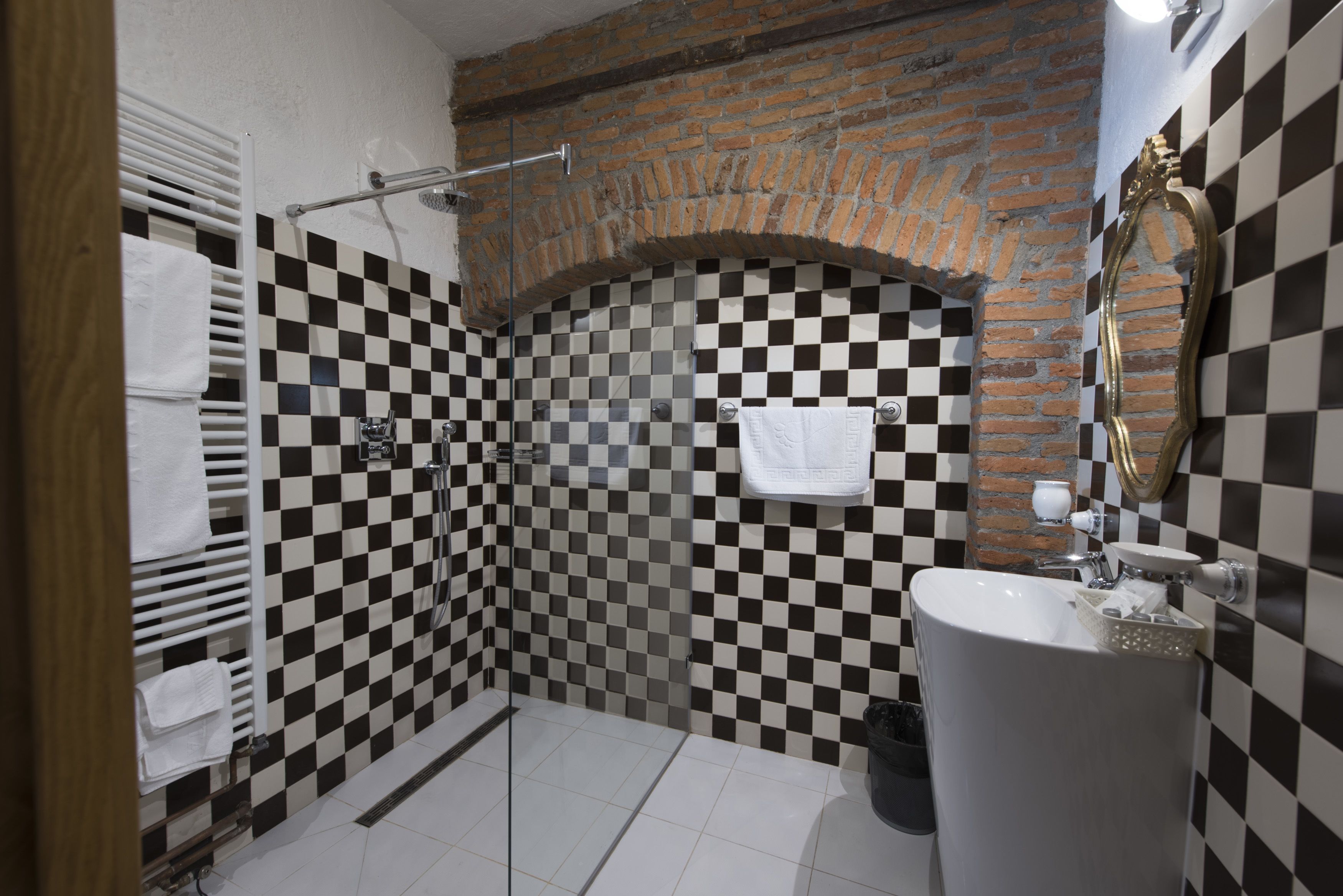 Une salle de bain avec un mur recouvert de carreaux noirs et blancs formant un motif à carreaux, un lavabo blanc et une cabine de douche en verre.