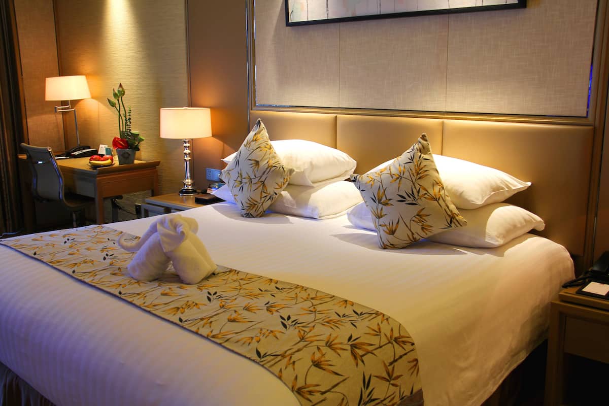 Ein Hotelzimmer mit einem ordentlich bezogenen Bett, zwei Kissen, einem Nachttisch mit Lampe, einem Sessel und einem Schreibtisch mit Telefon und einer kleinen Pflanze.