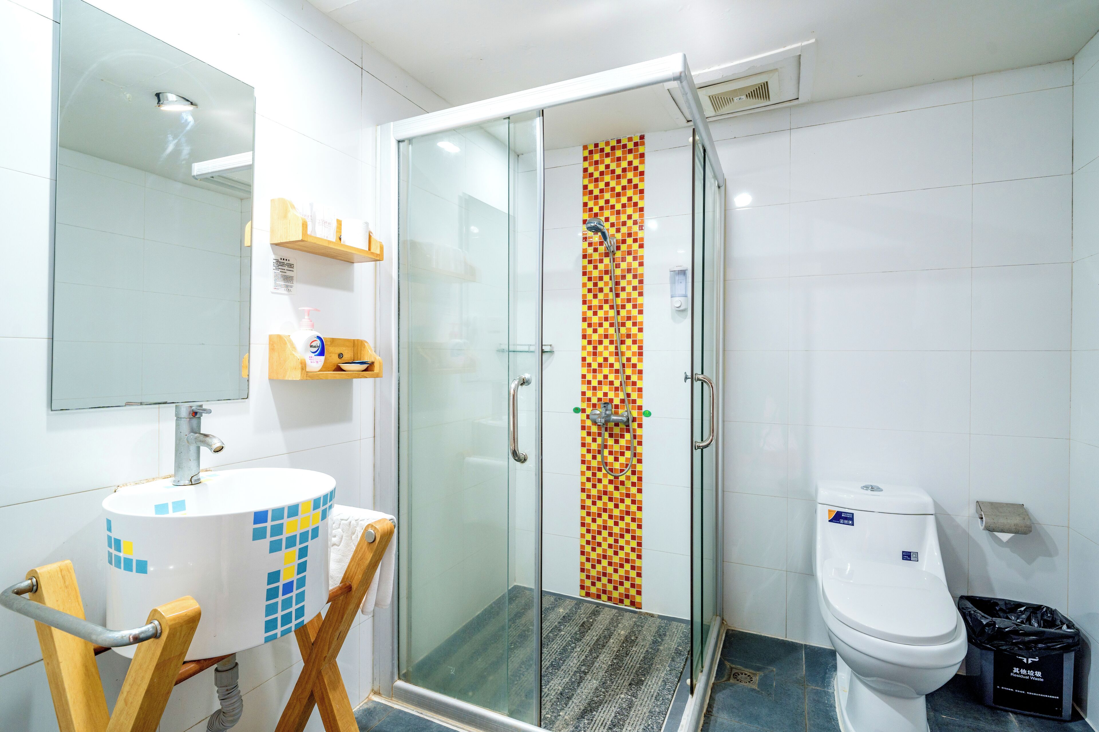 Shower, slippers, towels