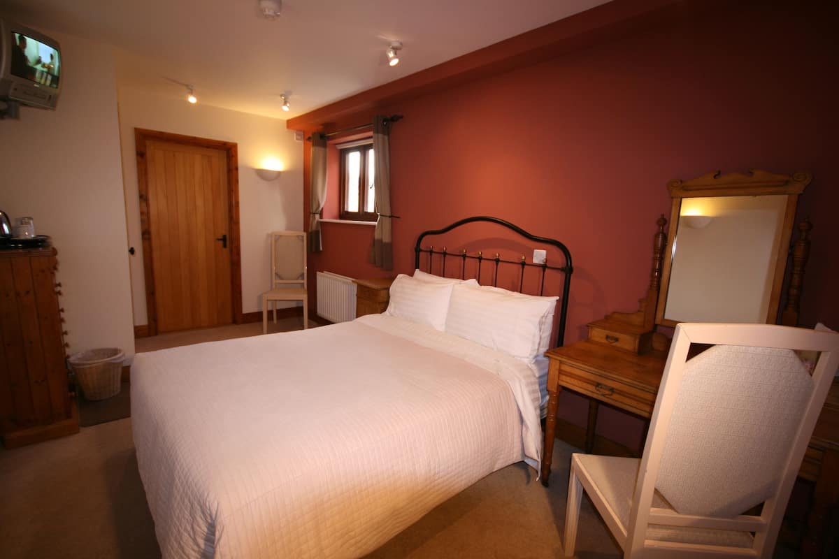 A bedroom with a bed, a chair, a dresser, a mirror, and a television on a stand.