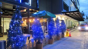Un bâtiment doté d’une terrasse, de sapins de Noël et d’une voiture garée devant.