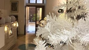 A white Christmas tree with gold and pink ornaments in a room with a wooden ceiling and a window with a lattice design. - Residenza Le due Sicilie (Tropea)