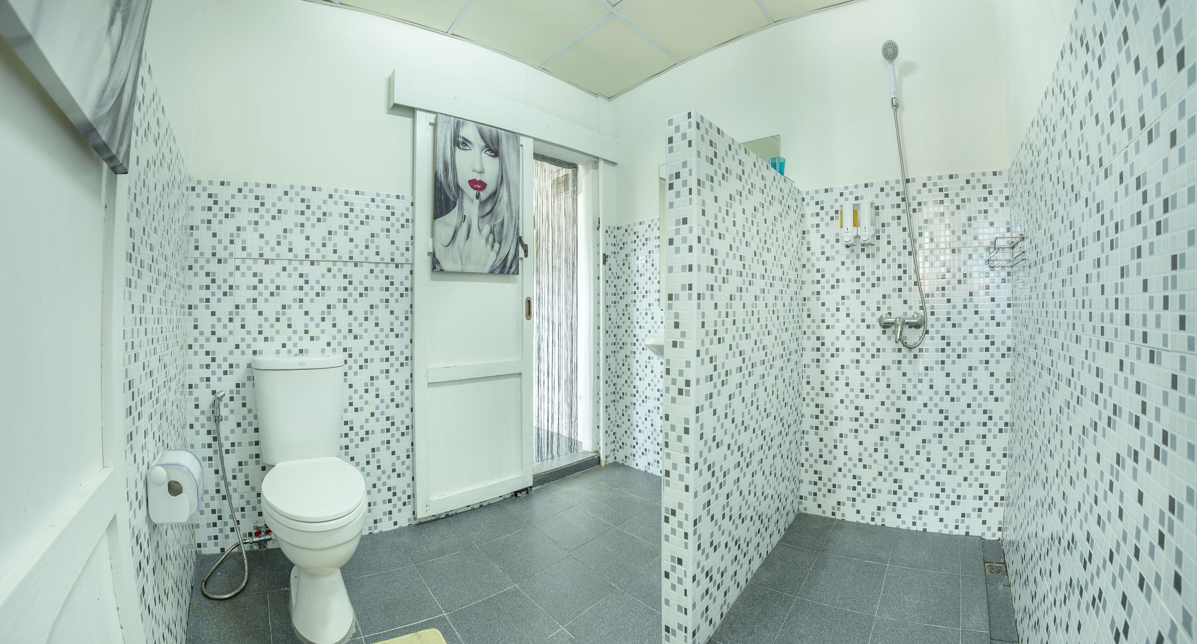 A bathroom with a toilet, shower, and a mosaic tile wall.