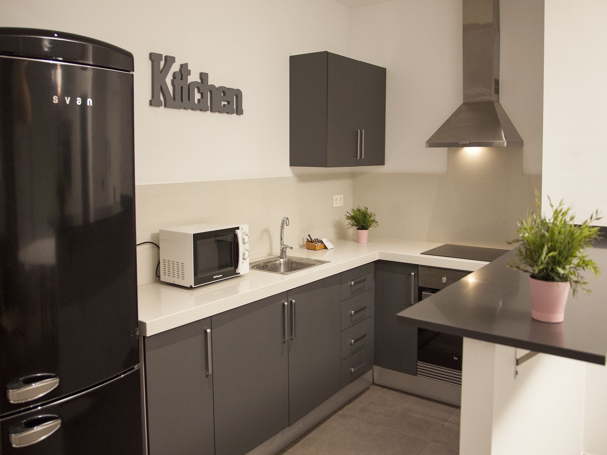 A modern kitchen with a black refrigerator, a microwave, a sink, and dark cabinets.