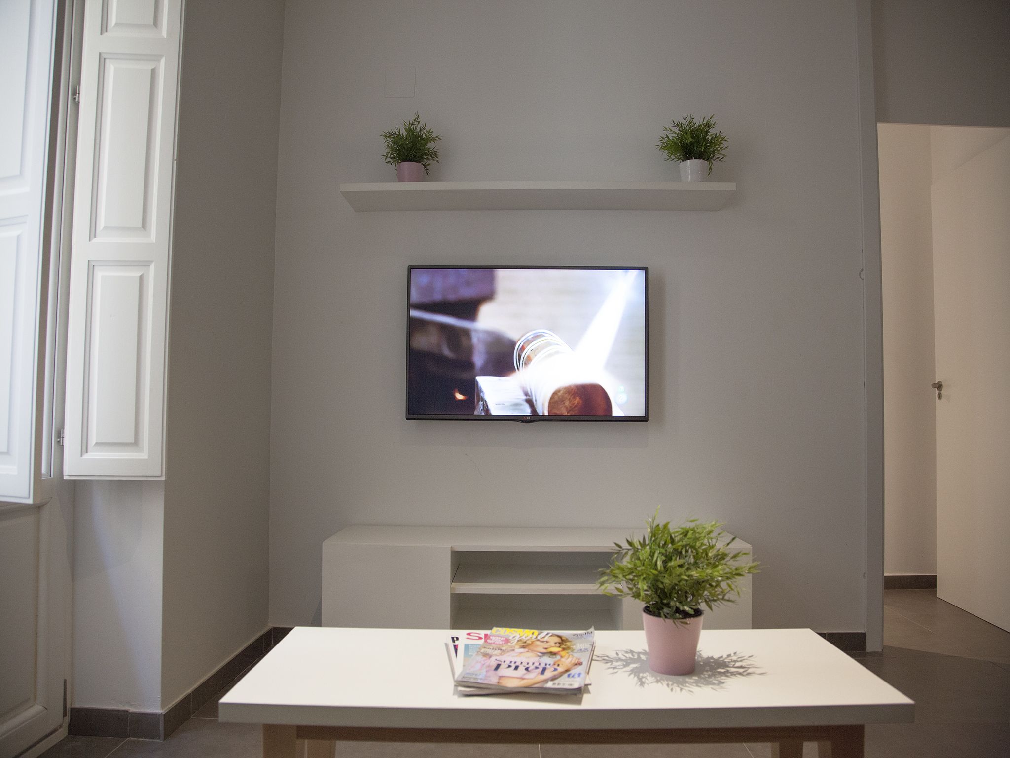 A modern living room with a flat-screen TV mounted on the wall, a white fireplace, and two small potted plants on floating shelves above the fireplace.