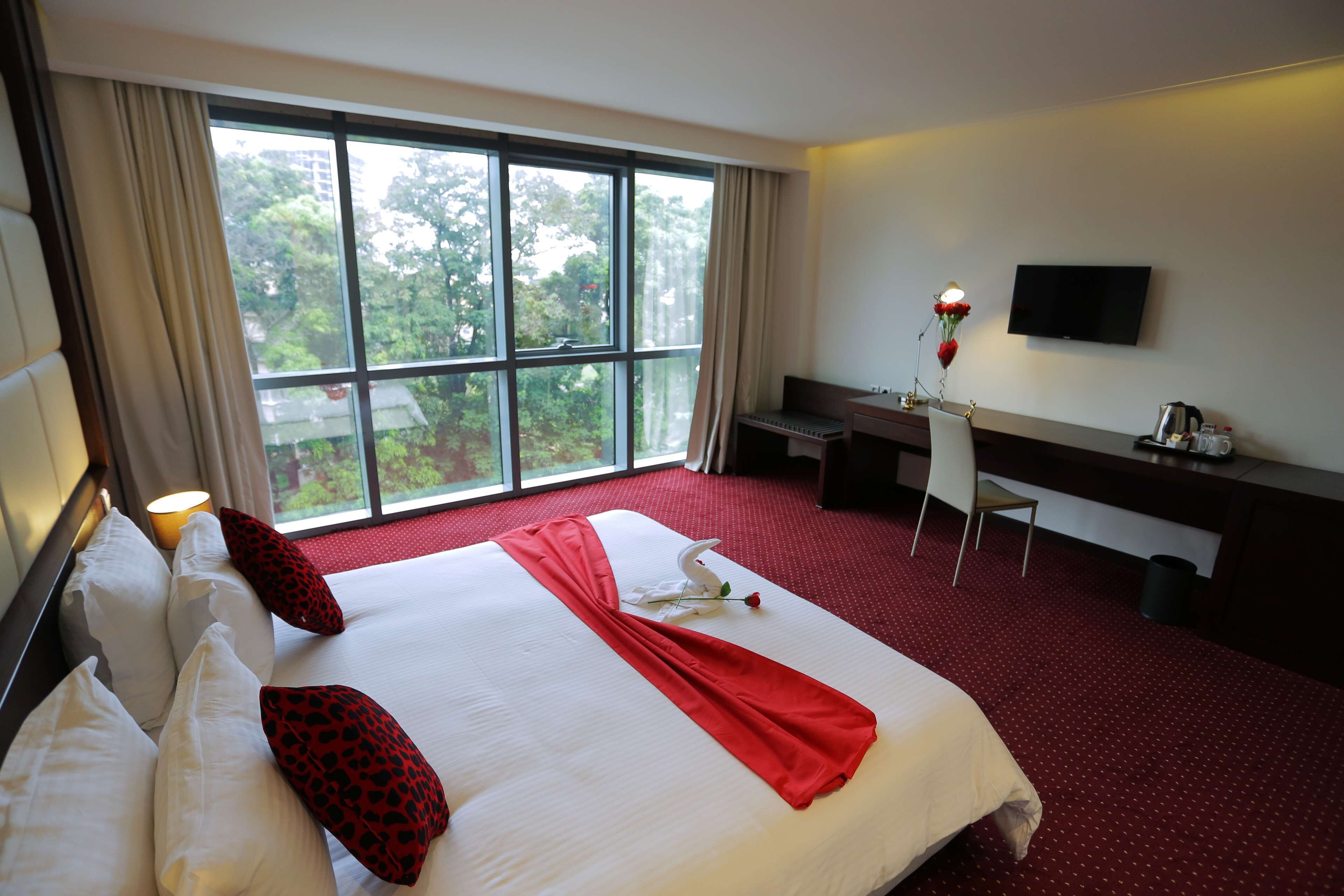 Quarto de hotel com uma cama grande, uma escrivaninha, uma televisão e vista para árvores pela janela.