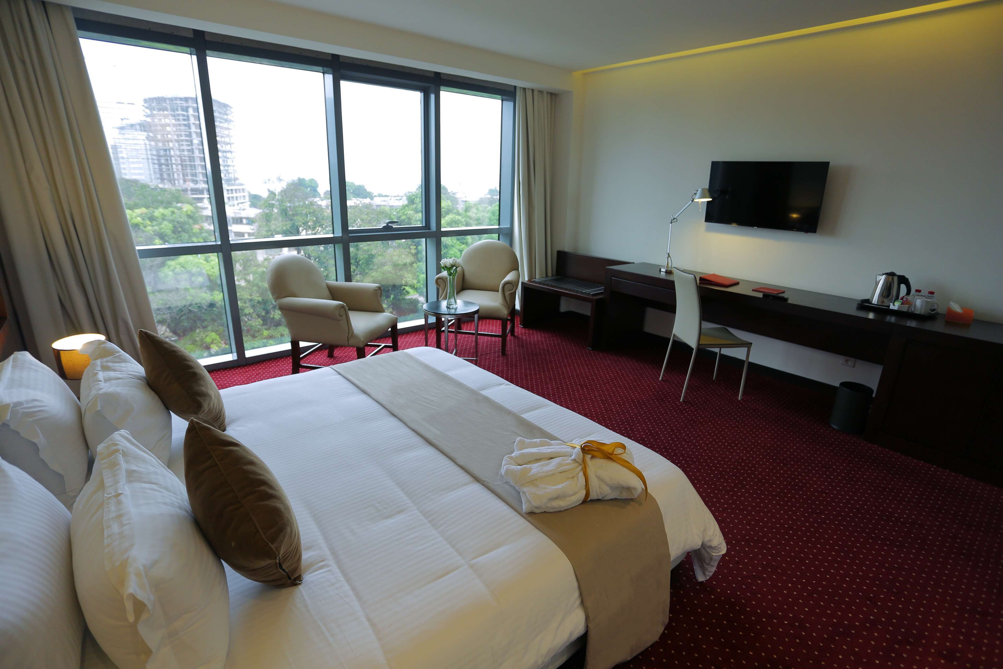 A hotel room with a large bed, a desk, a chair, a TV, and a view of the city.