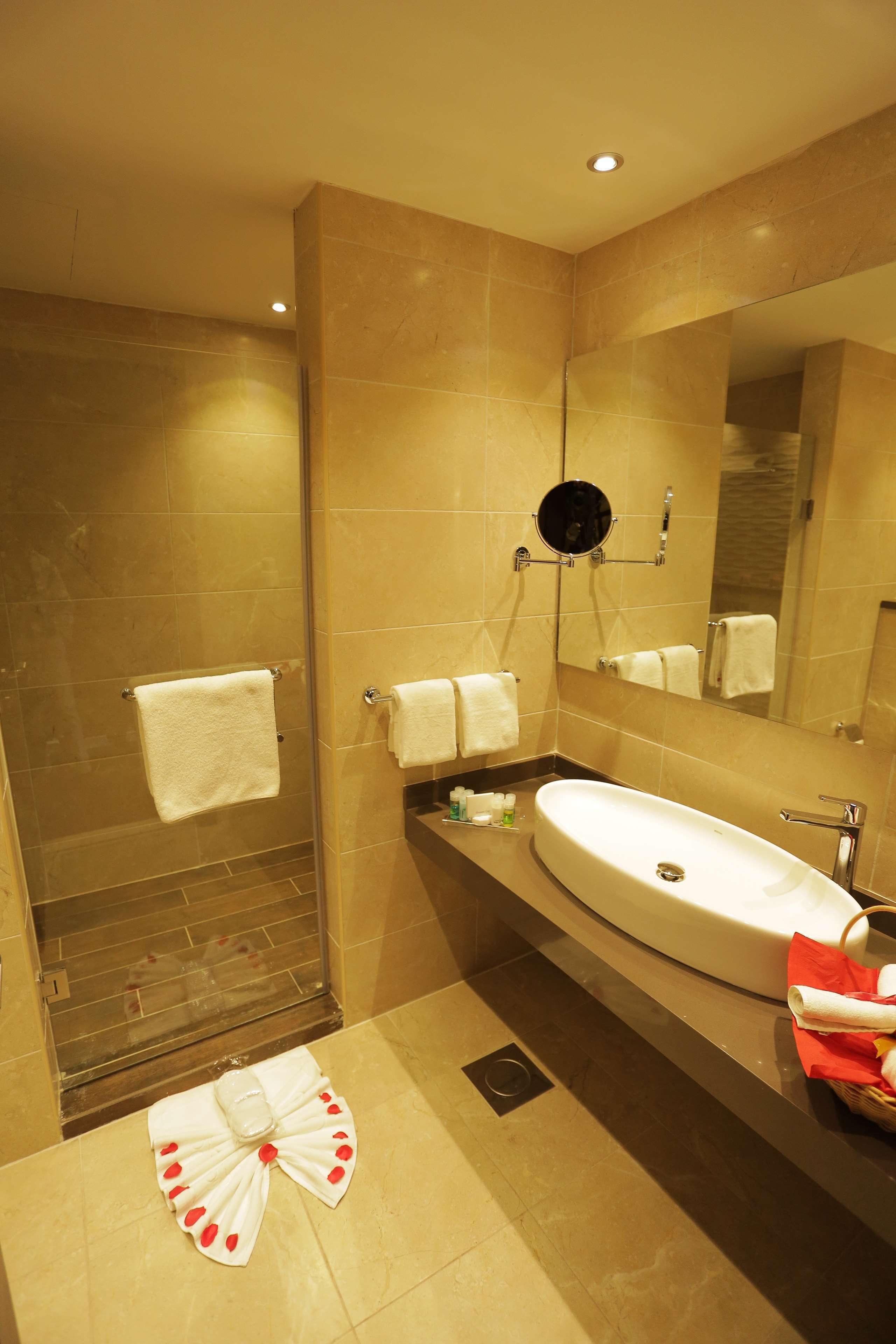 shower, free toiletries, hair dryer, towels