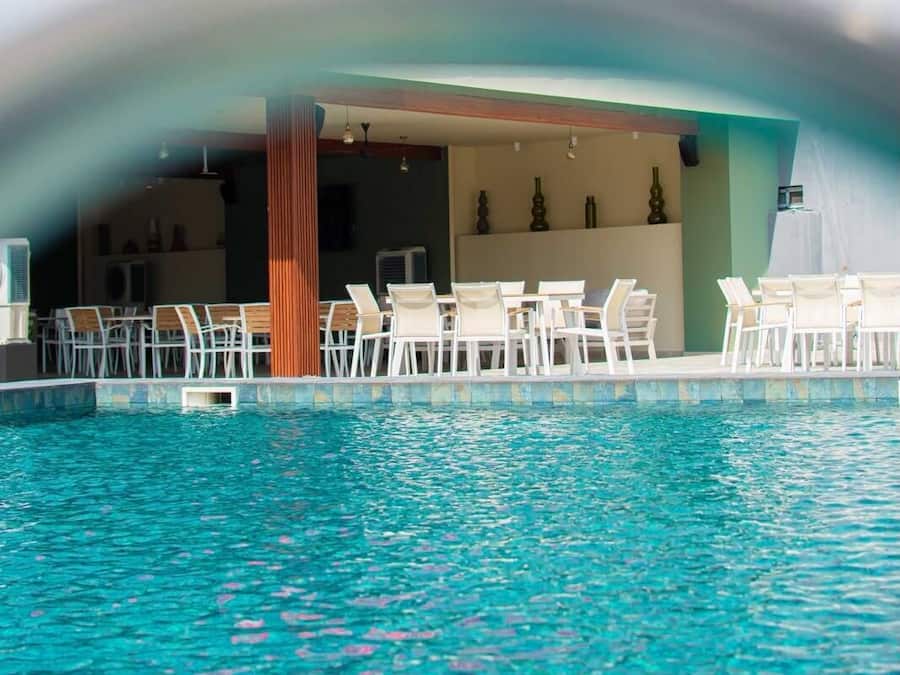 Outdoor pool, pool umbrellas, pool loungers