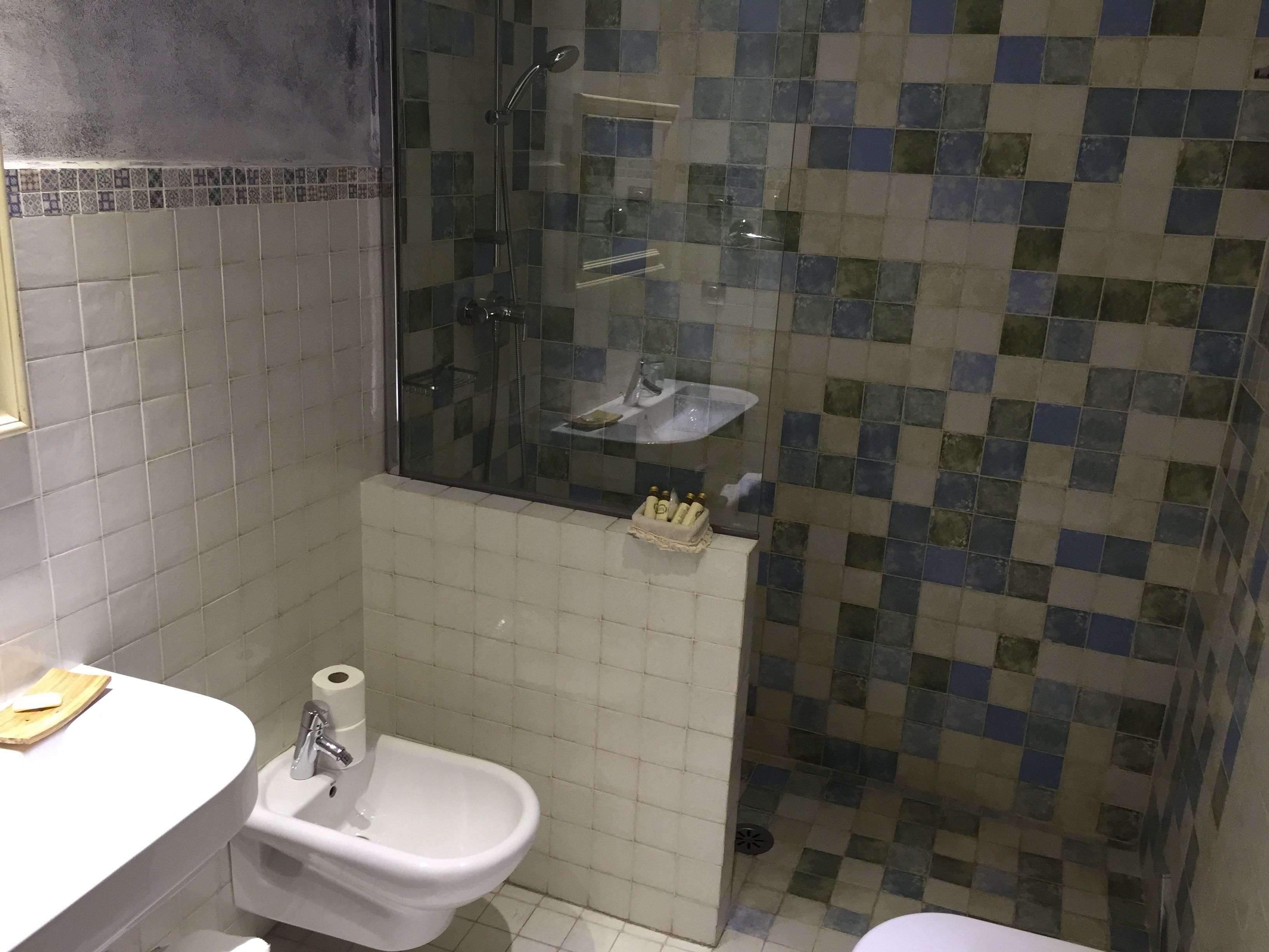 Un baño con ducha, lavamanos y bidé.