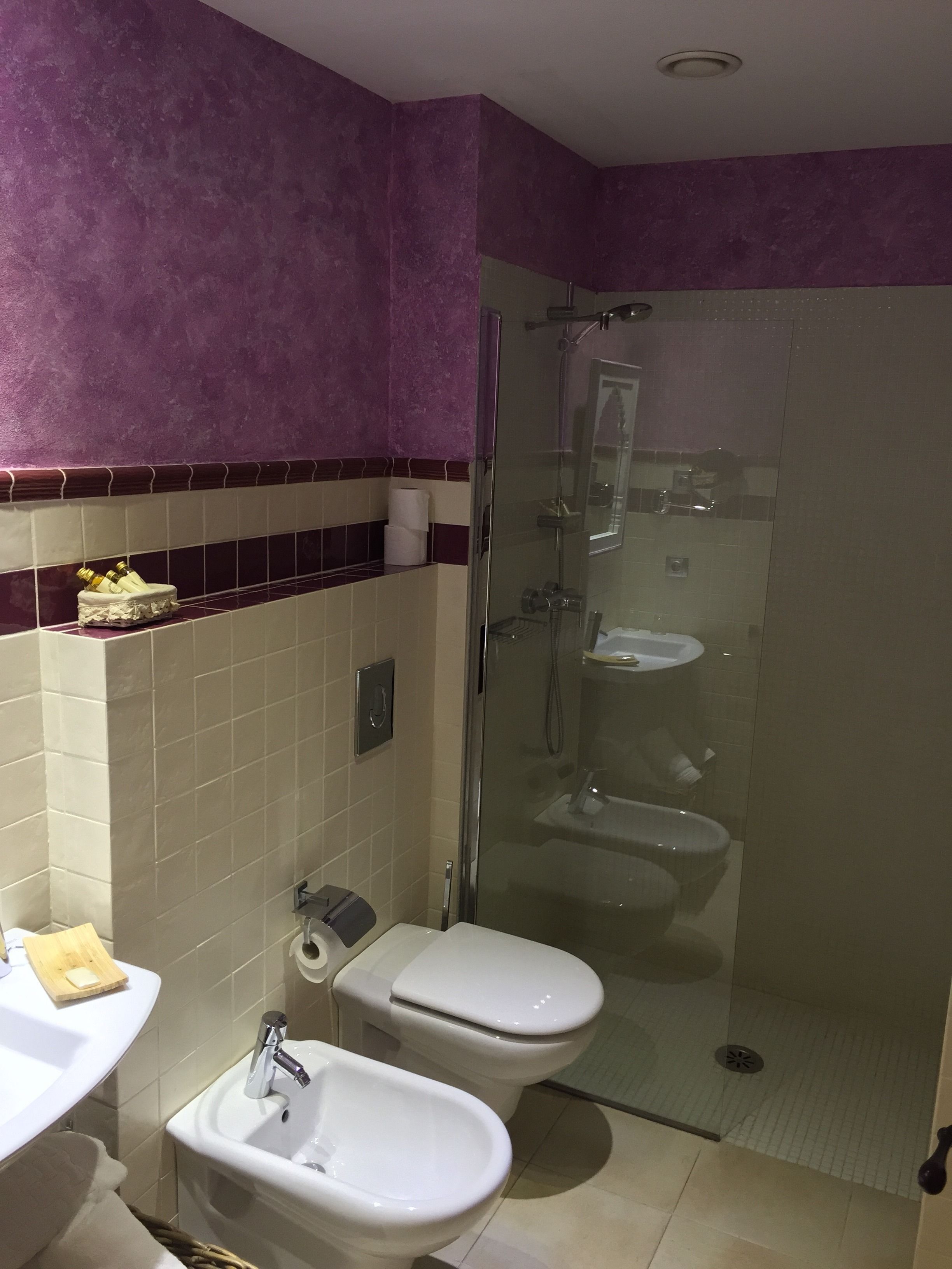A bathroom with a glass-enclosed shower, a toilet, and a bidet.