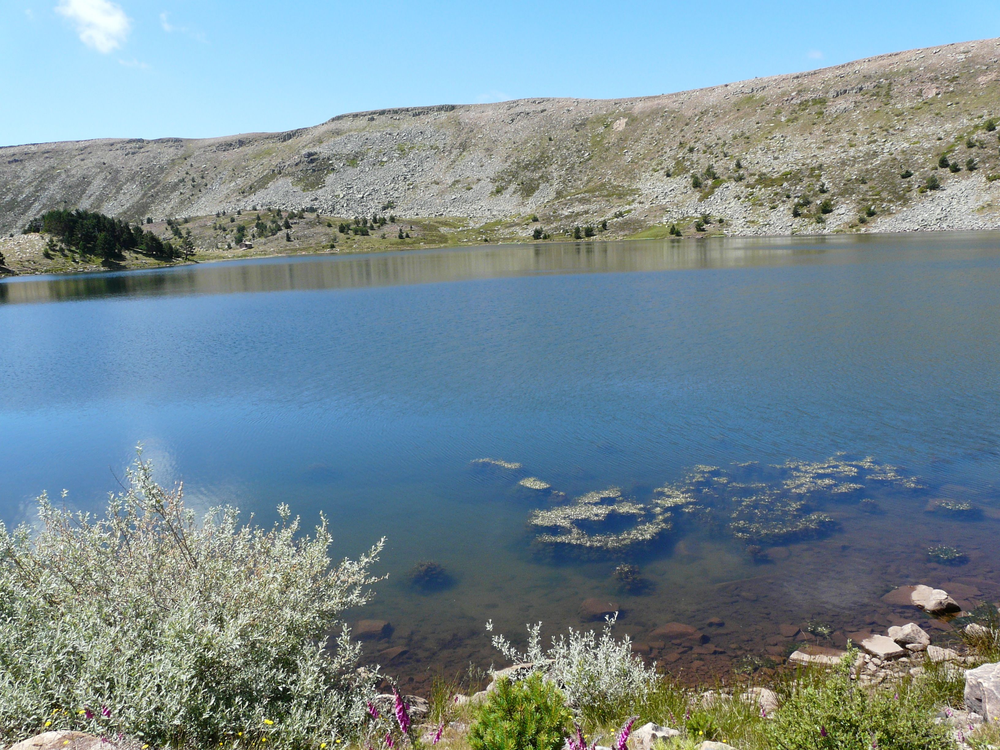 A lake surrounded by rocky hills with sparse vegetation.