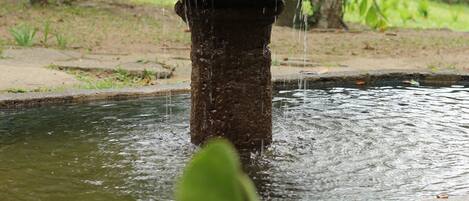 Ein Springbrunnen mit Wasserstrahlen in einem Garten.