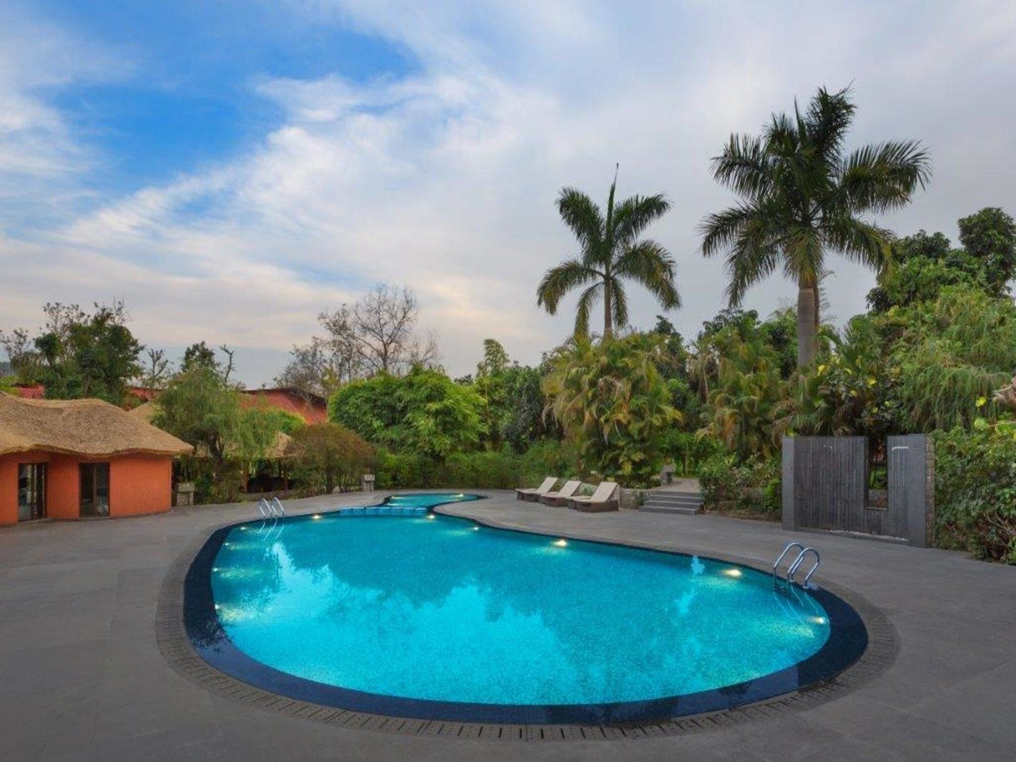 Ein kreisförmiger Pool mit Liegestühlen und einer Palme im Hintergrund.