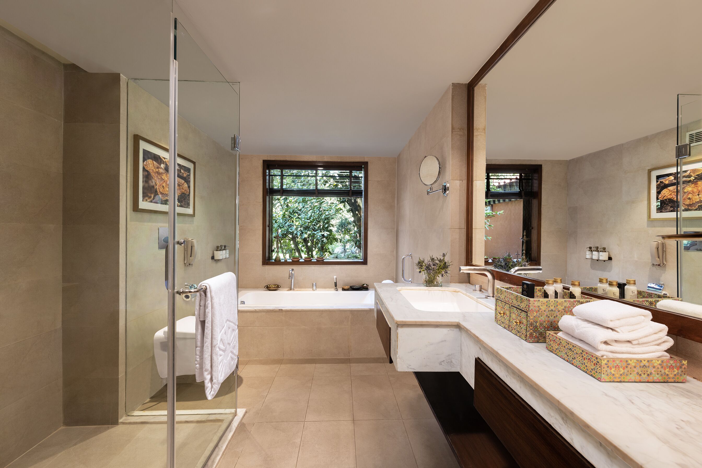 deluxe cottage king bed garden view | bathroom | shower, rainfall showerhead, free toiletries, hair dryer