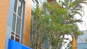 A building with a blue awning, a parked car, and a small garden area with palm trees. - Pousada Praia da Costa (Vila Velha)