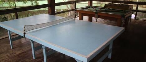 A pool table with a net in the center, surrounded by wooden furniture and large windows overlooking a garden.