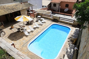 Outdoor pool, pool umbrellas, pool loungers