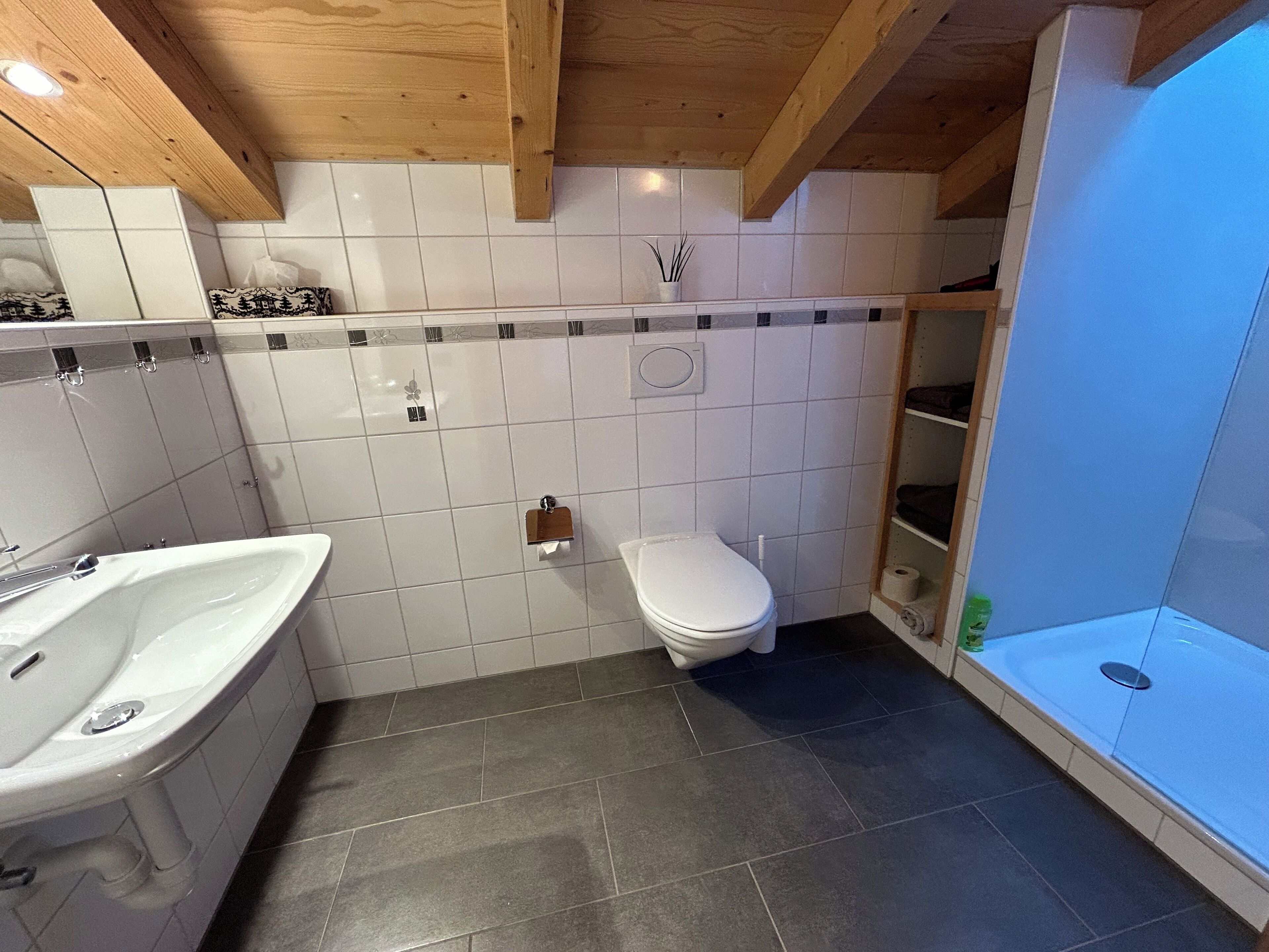 Un baño con lavamanos, inodoro y zona de ducha blancos.