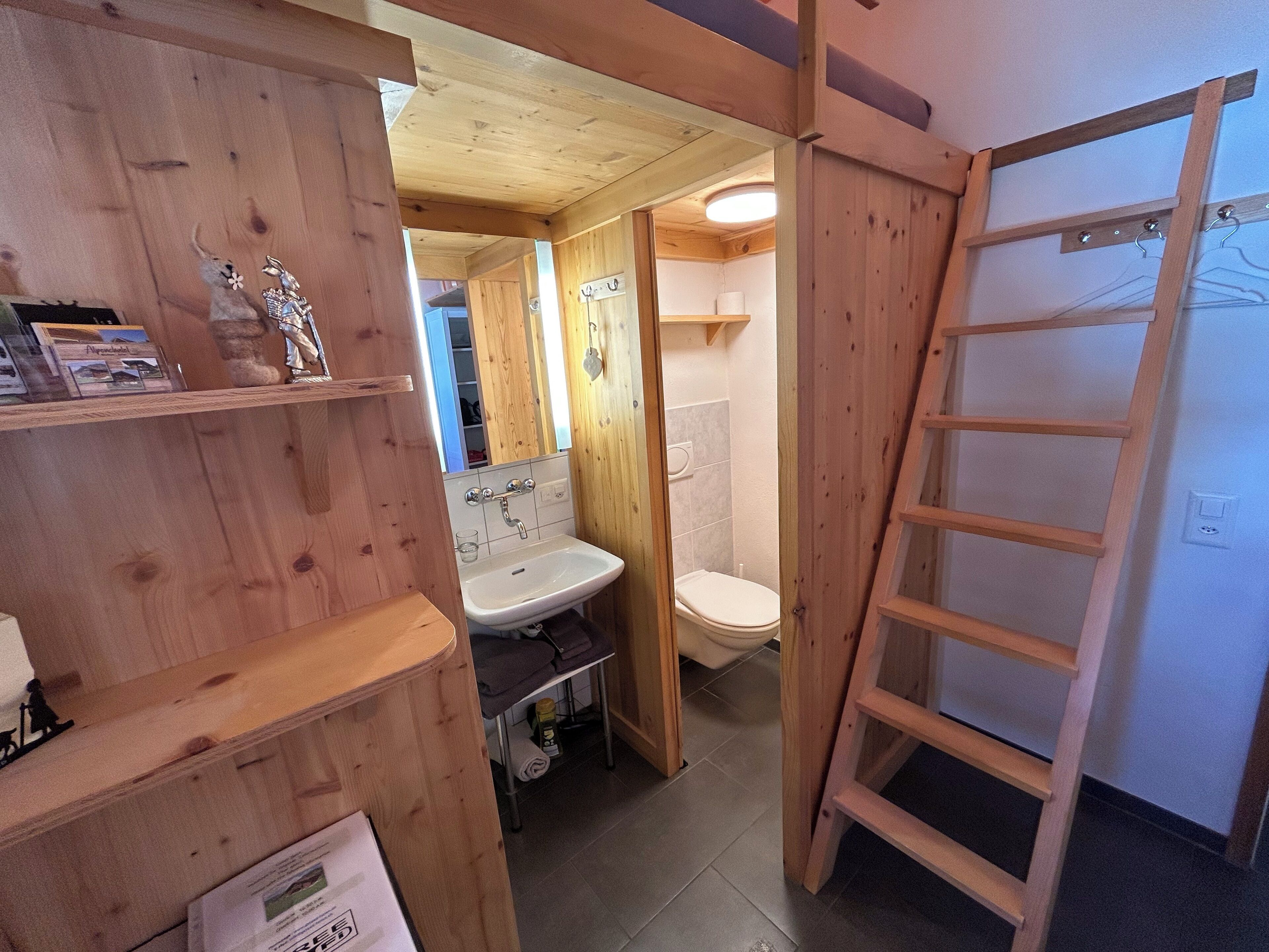 A wooden interior with a bathroom, including a sink, toilet, and a wooden ladder.