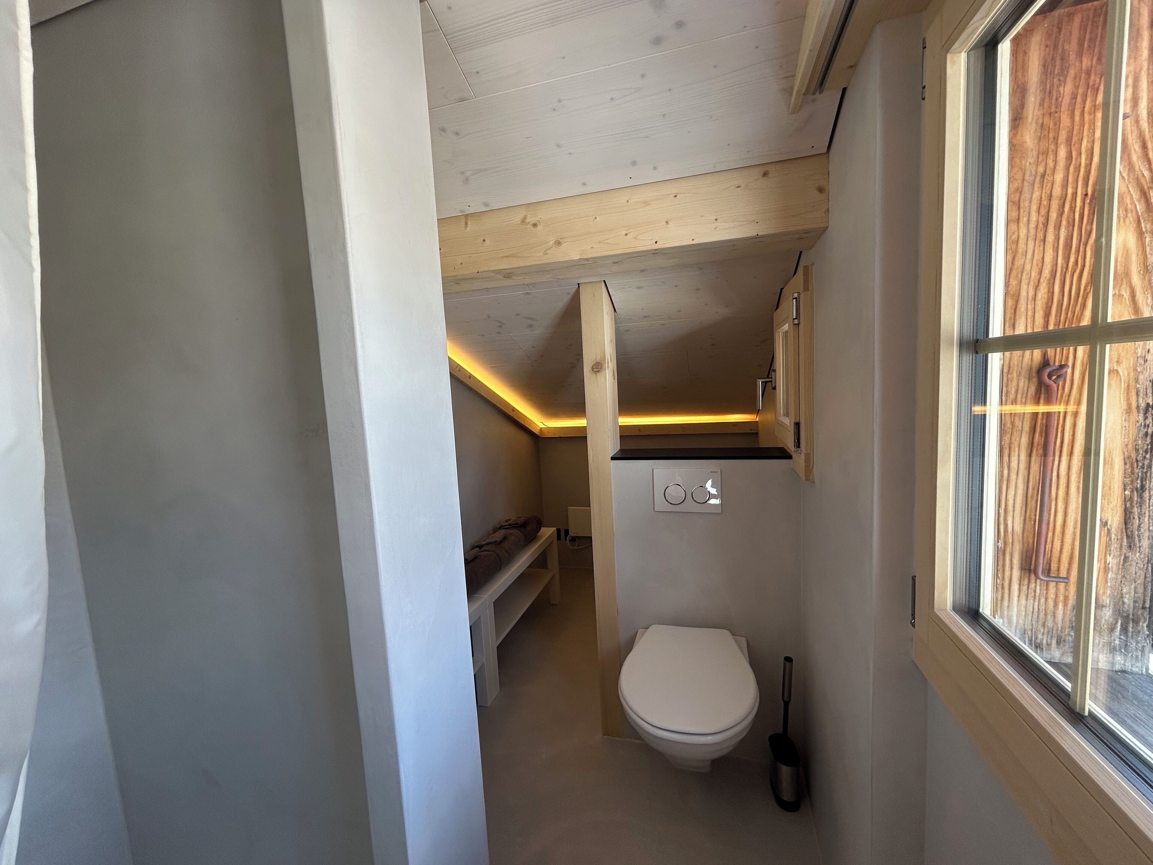 A compact bathroom with a toilet, a small shelf, and a window with a view of trees.