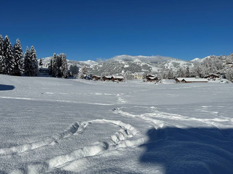 Un paysage enneigé avec des bâtiments en bois, probablement une station de ski, et un ciel bleu dégagé.