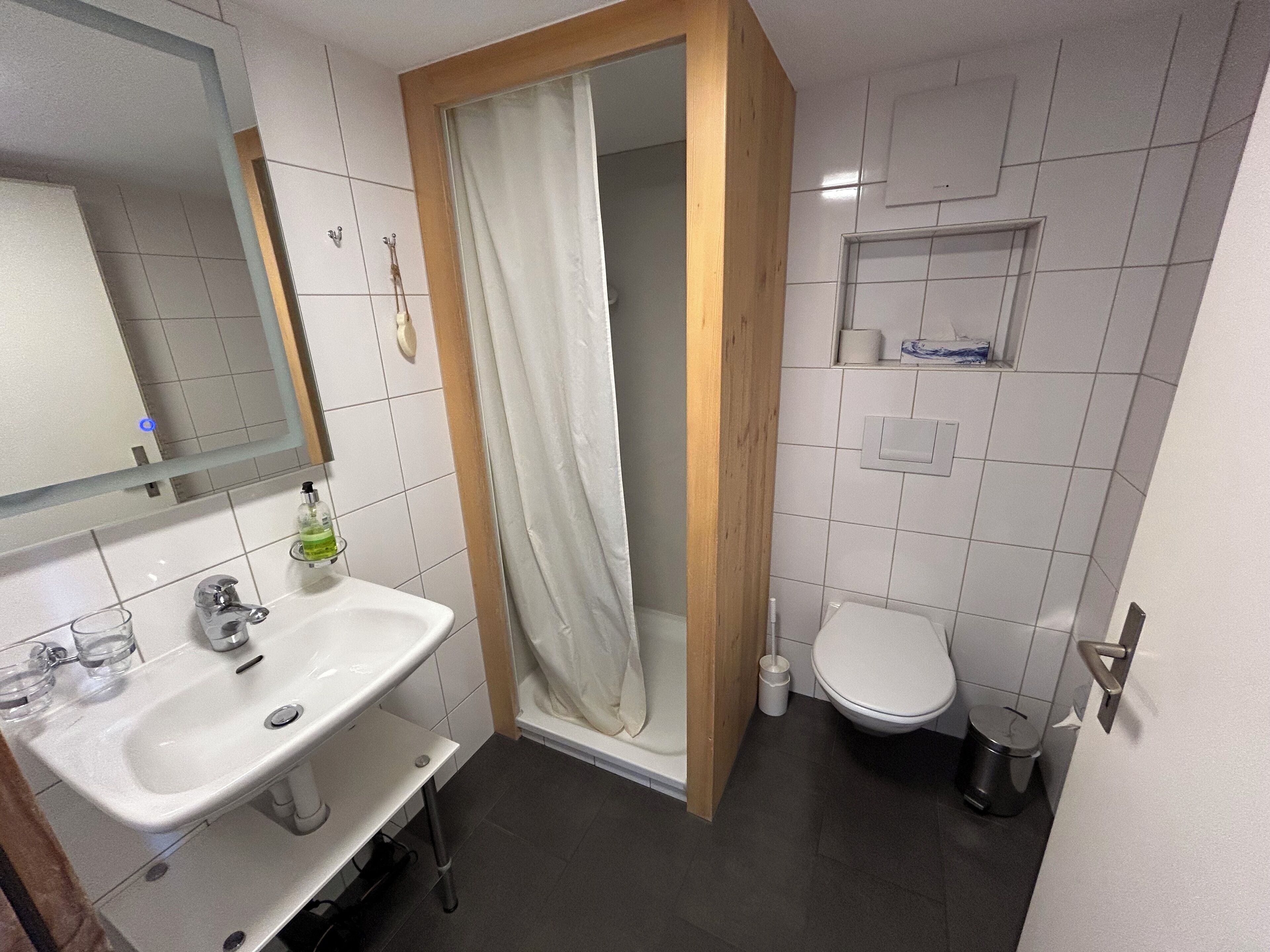 Un baño con lavamanos, inodoro, ducha y espejo.