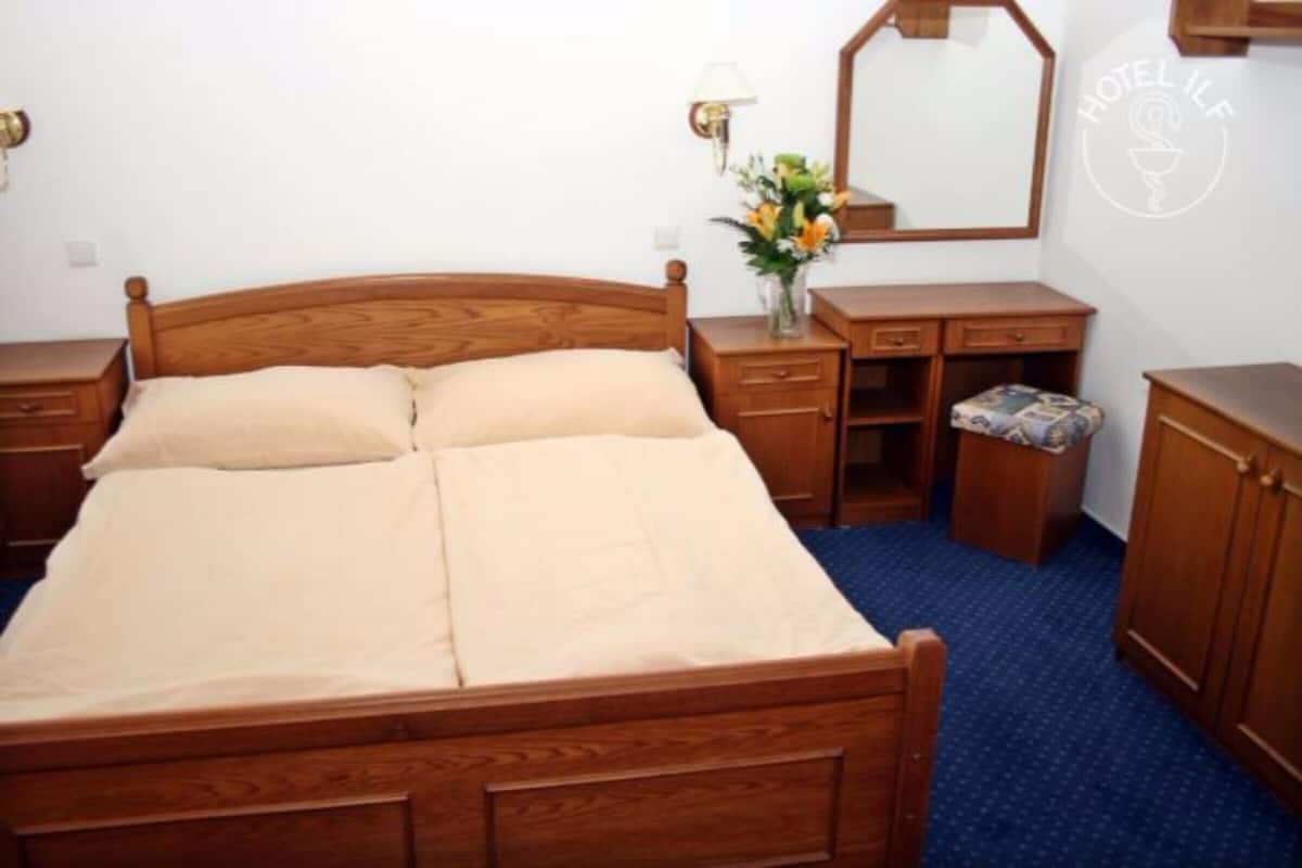 A wooden bed with a headboard, a bedside table with a lamp, a mirror, a small wooden cabinet, and a blue carpeted floor.