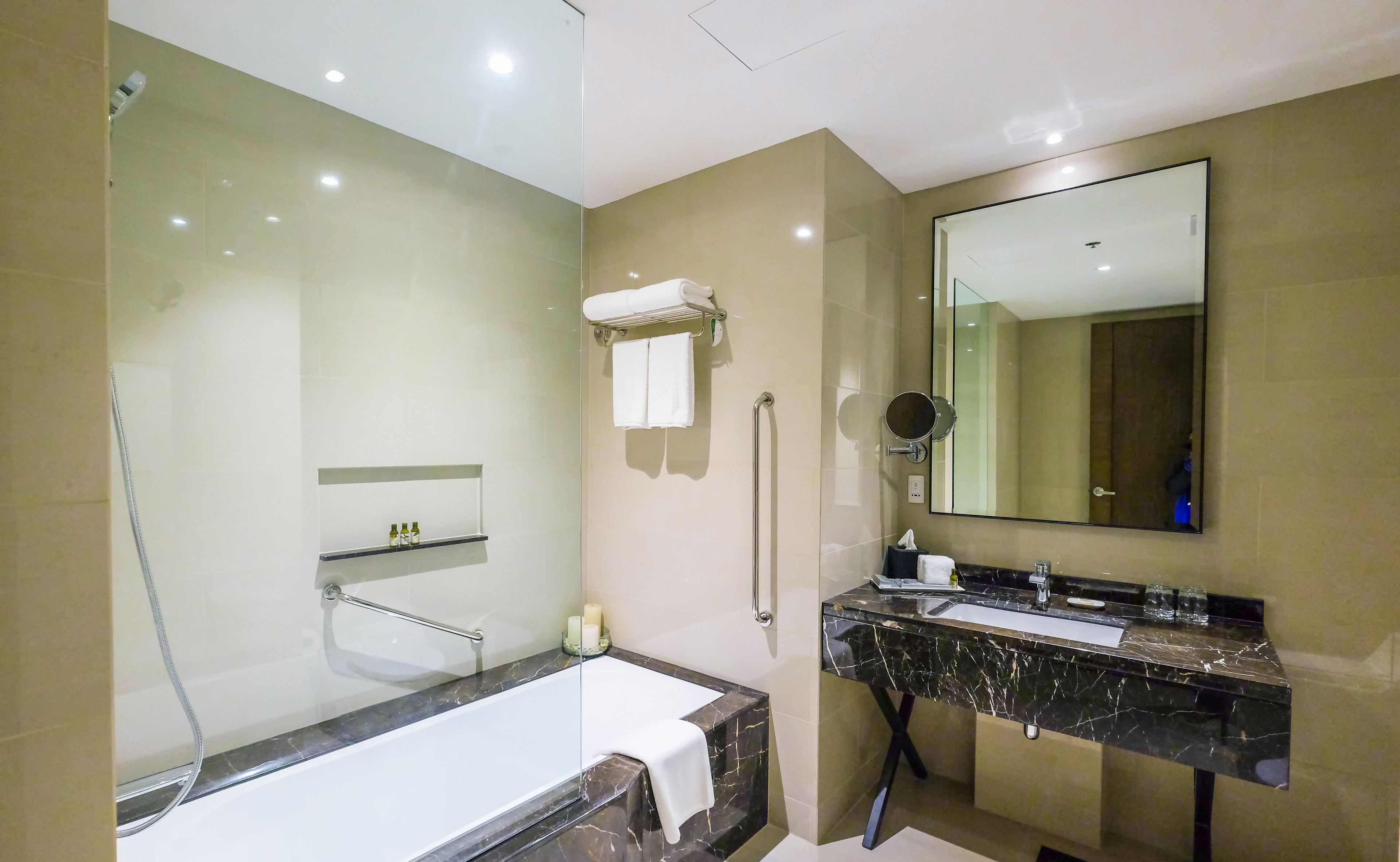 shower, free toiletries, hair dryer, bathrobes