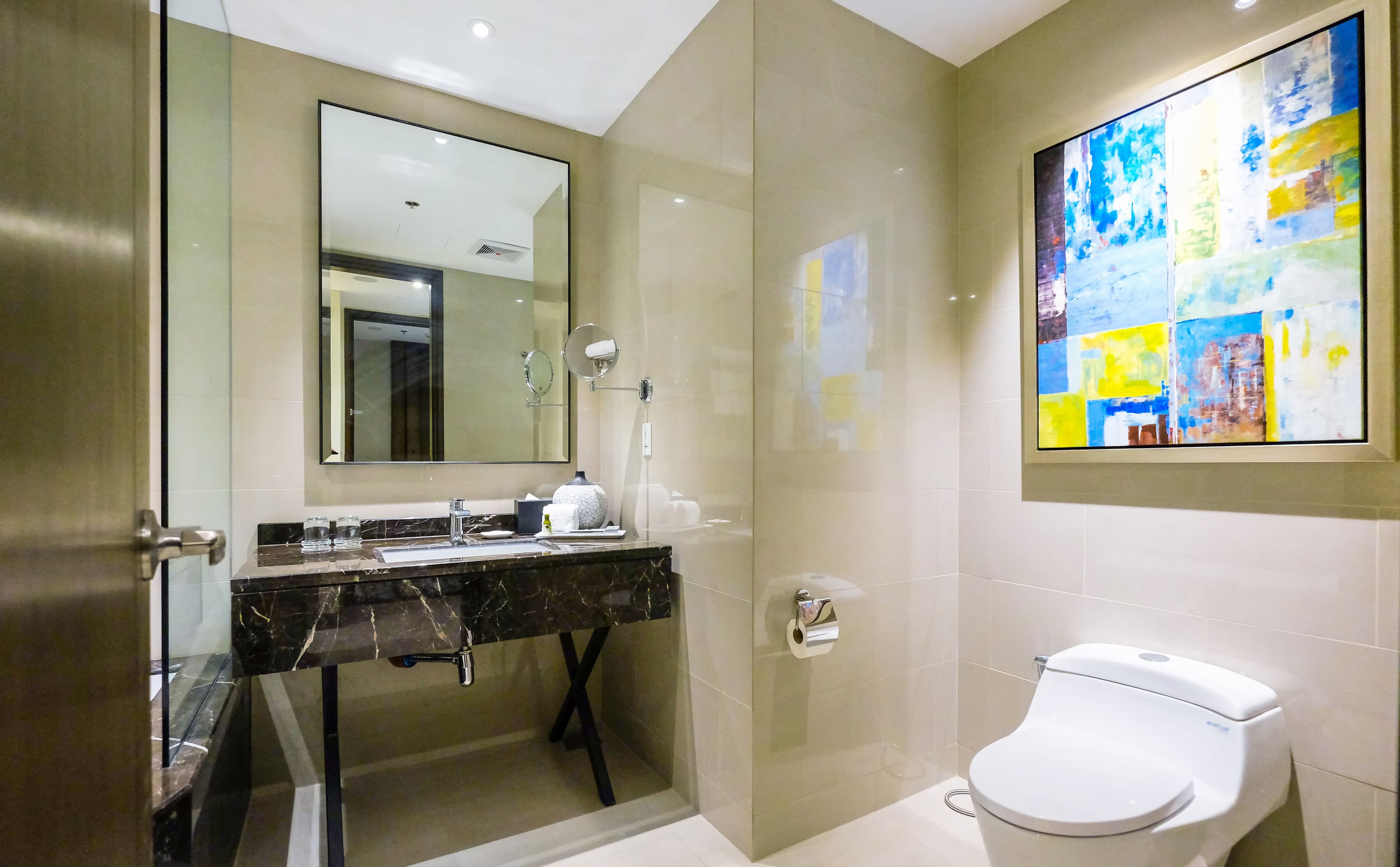 shower, free toiletries, hair dryer, bathrobes