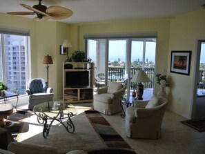 Condo, 3 Bedrooms, Balcony (Waterside 283) | Living area | TV, DVD player - Waterside 283 (Fort Myers Beach)
