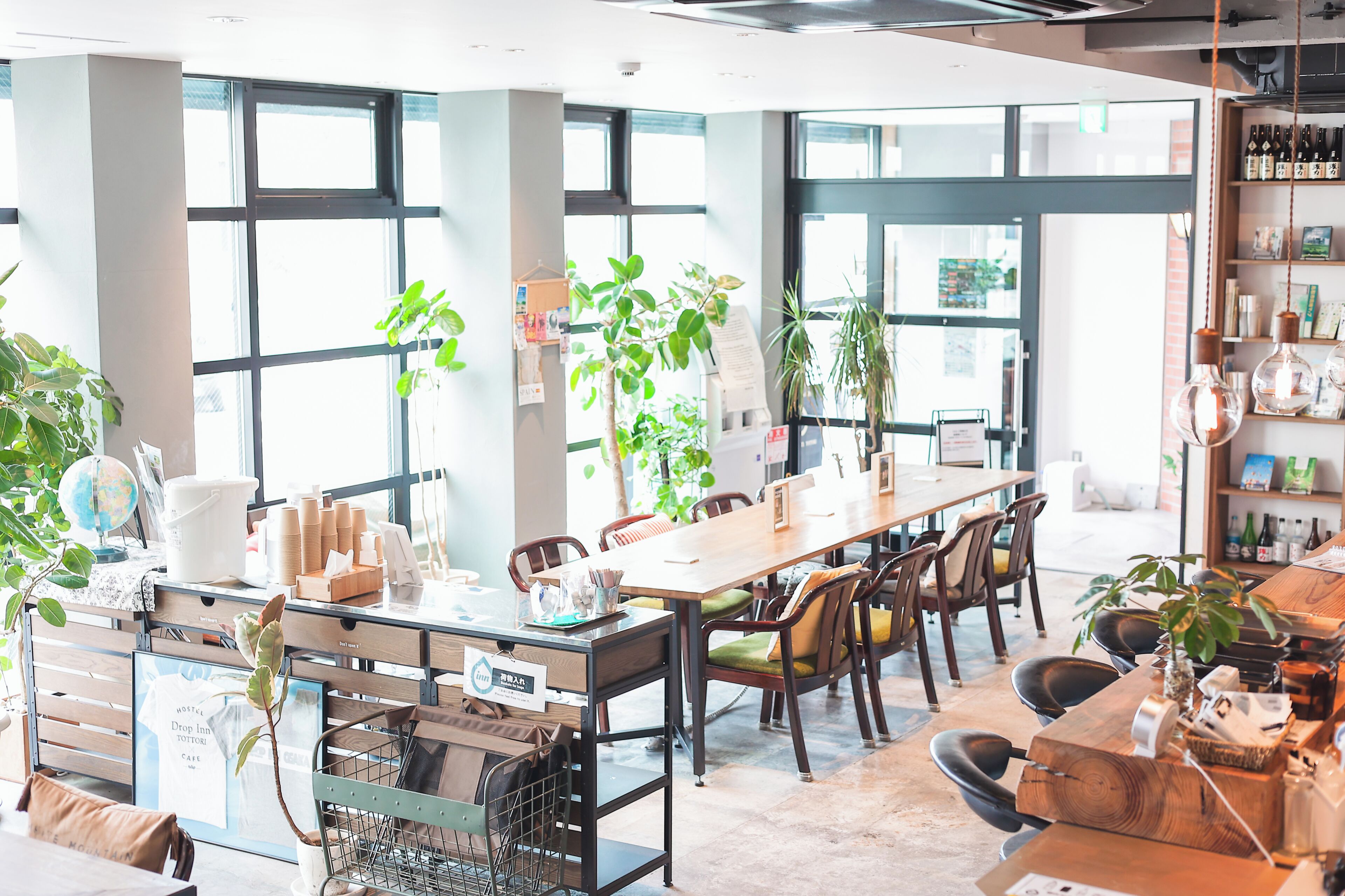 A spacious room with large windows, a wooden table, chairs, and various plants.